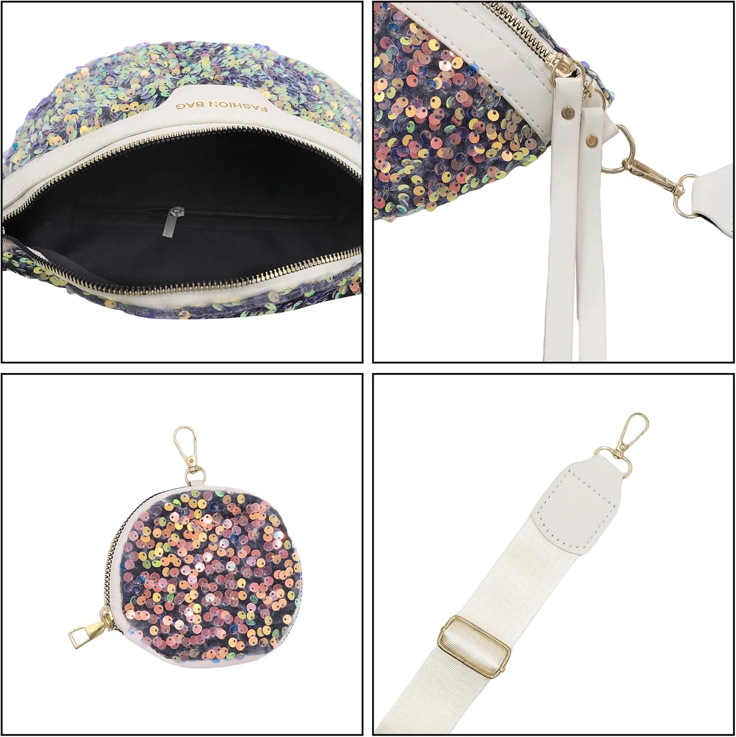 Sparkly Sequin Fanny Packs Glitter Waist Bag Adjustable Chest Belt Bags with Coin Purse for Women Girls,White C#