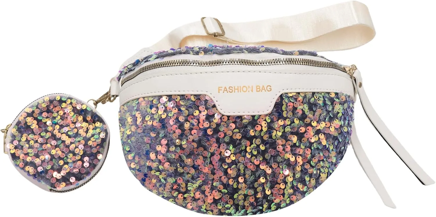 Sparkly Sequin Fanny Packs Glitter Waist Bag Adjustable Chest Belt Bags with Coin Purse for Women Girls,White C#