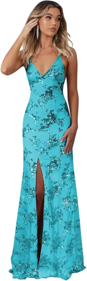 Sparkly Sequin Prom Dresses Long Bodycon Mermaid Formal Dress Evening Party Gowns with Slit