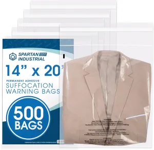 Spartan Industrial - 14" X 20" (500 Count) Self Seal Clear Poly Bags with Suffocation Warning for Packaging, Clothes - Permanent Adhesive
