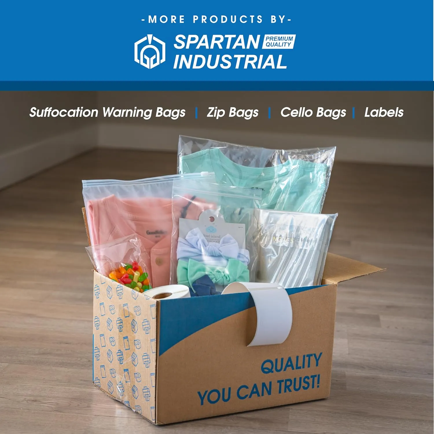 Spartan Industrial - 14" X 20" (500 Count) Self Seal Clear Poly Bags with Suffocation Warning for Packaging, Clothes - Permanent Adhesive