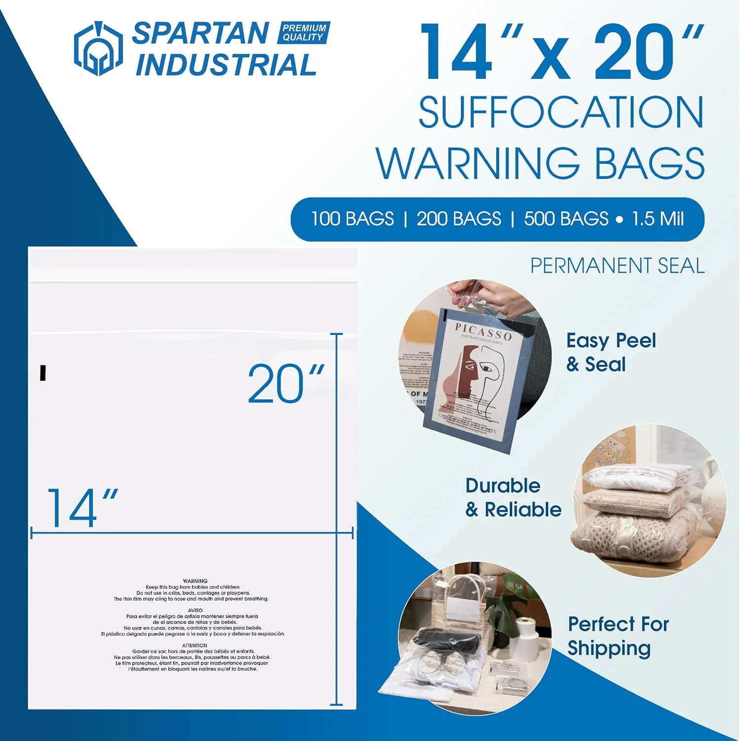 Spartan Industrial - 14" X 20" (500 Count) Self Seal Clear Poly Bags with Suffocation Warning for Packaging, Clothes - Permanent Adhesive