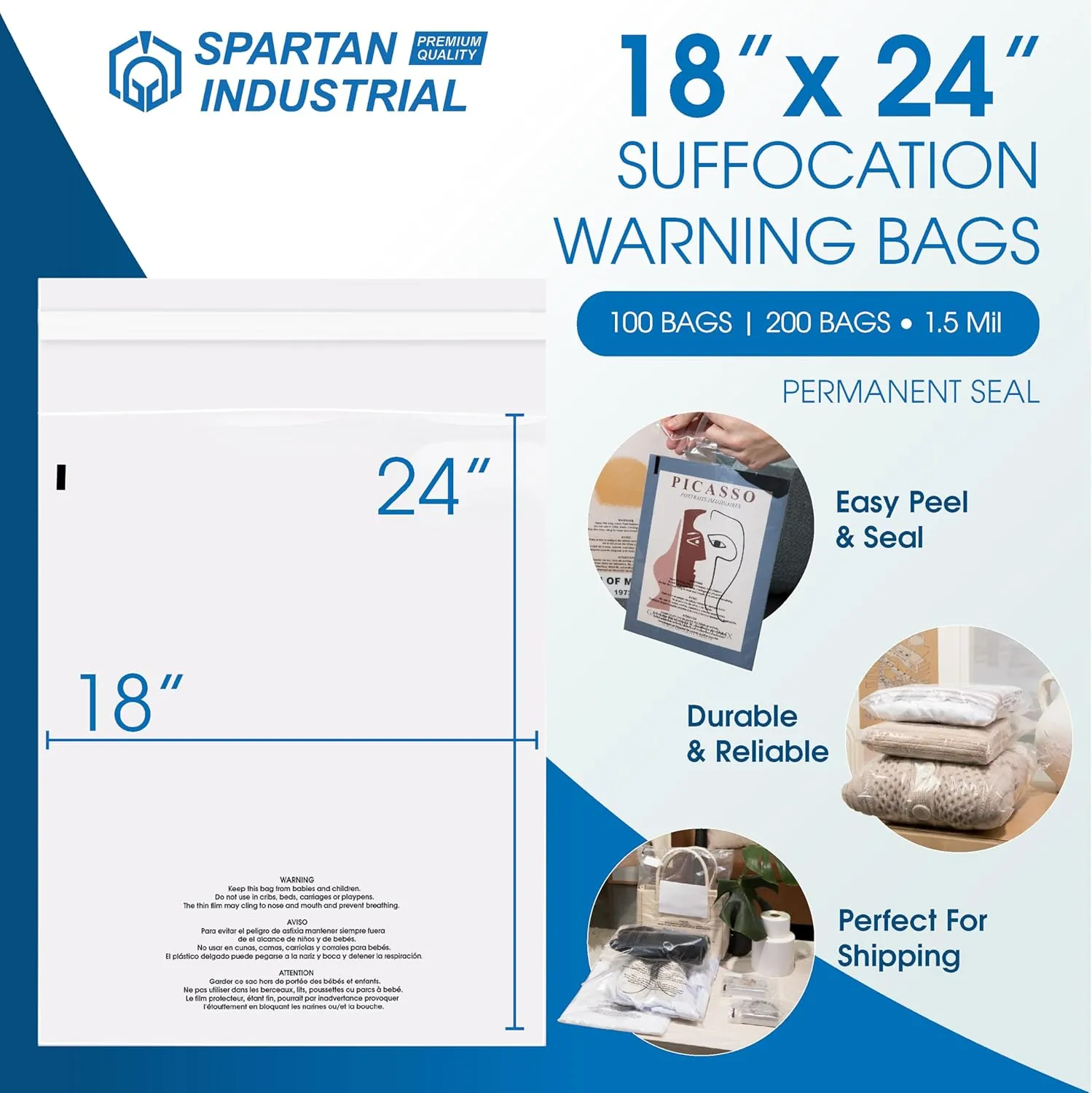 Spartan Industrial - 18” X 24” (200 Count) Self Seal Clear Poly Bags with Suffocation Warning for Packaging, Shipping - Permanent Adhesive