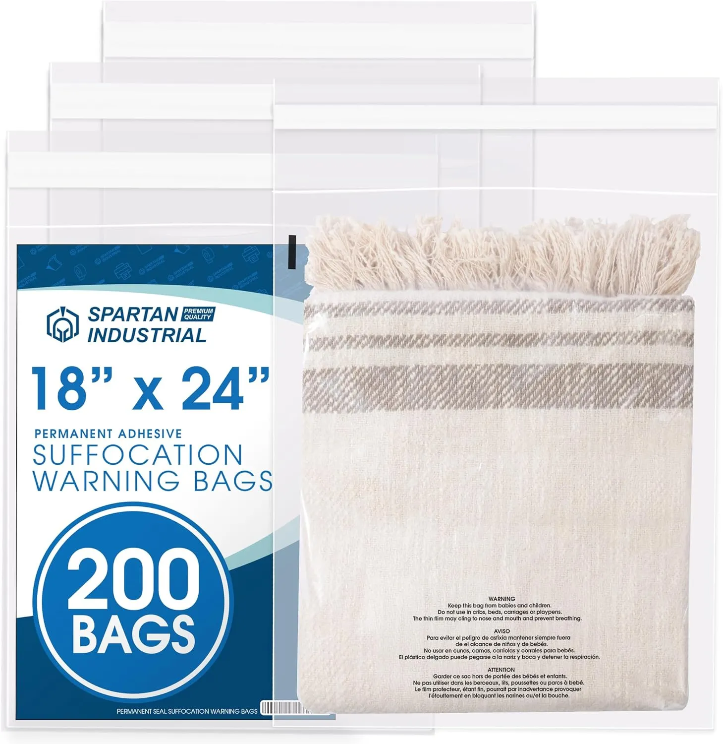 Spartan Industrial - 18” X 24” (200 Count) Self Seal Clear Poly Bags with Suffocation Warning for Packaging, Shipping - Permanent Adhesive
