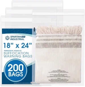 Spartan Industrial - 18” X 24” (200 Count) Self Seal Clear Poly Bags with Suffocation Warning for Packaging, Shipping - Permanent Adhesive