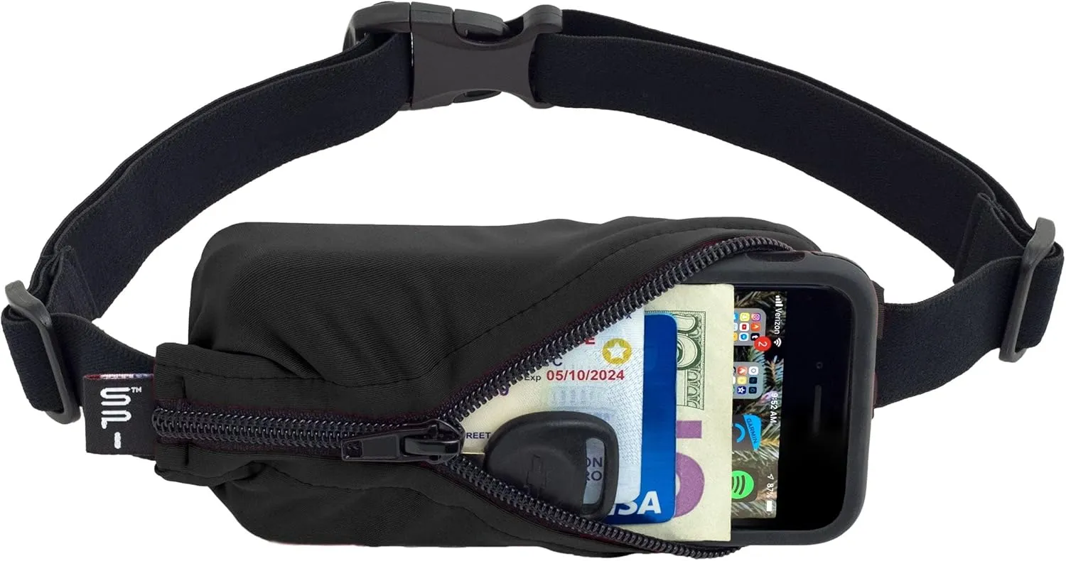 SPIbelt Original Pocket Running Belt for Women Men, Phone Holder for Running, Running Fanny Pack, Holder for Phone, Running Waist Pack, Expandable, Adjustable. No Logo Band, Black with Black Zipper