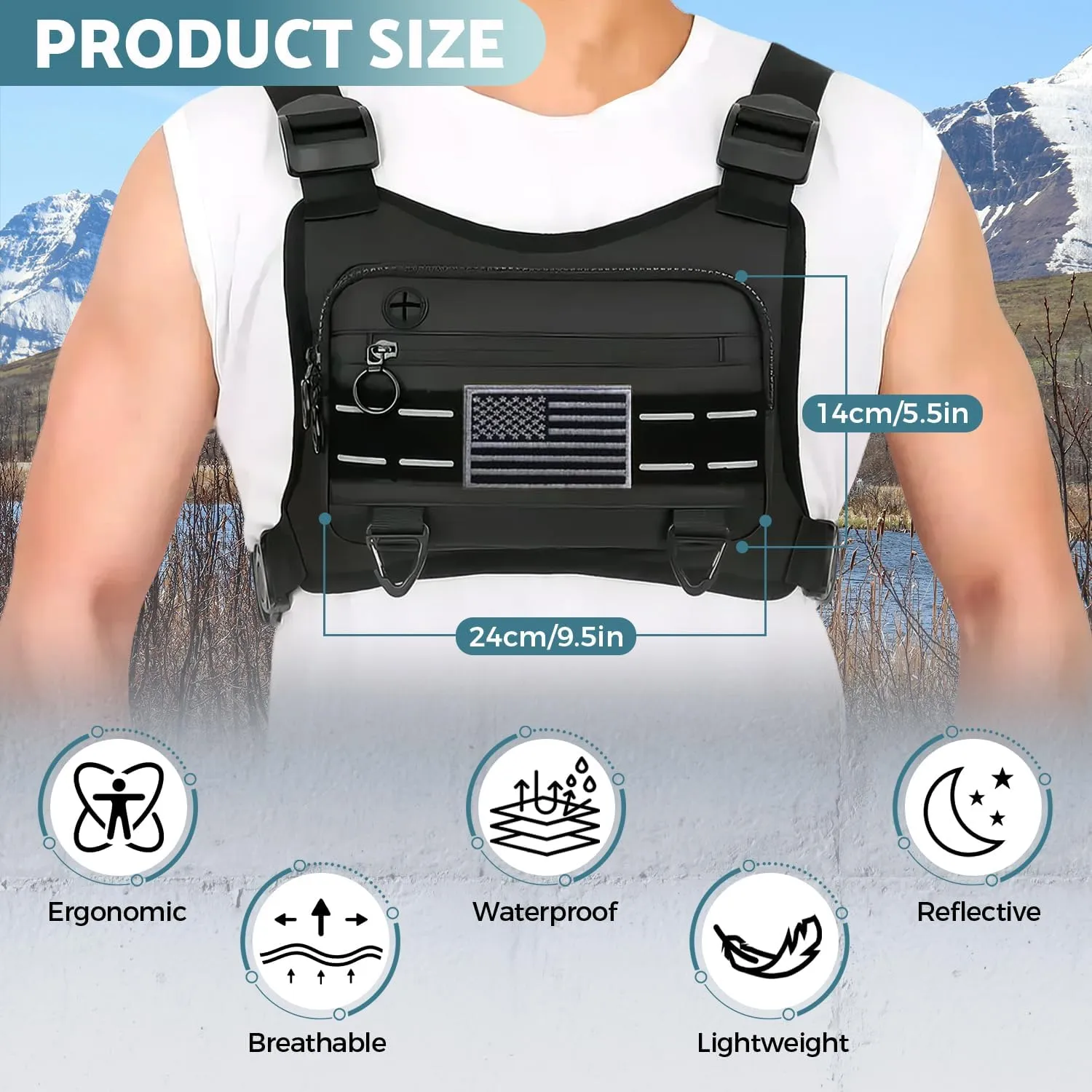Sports Chest Bag For Men, Water Resistant Lightweight Front Running Vest Bag With Built-In Phone Holder & Extra Storage For Workouts, Cycling (Black)