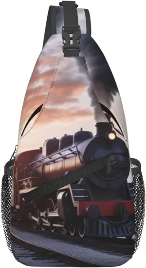 Steam Train Depart Sunset Cross Chest Bag Diagonally Sling Bag for Men Women Crossbody Shoulder Bag Travel Hiking Daypack