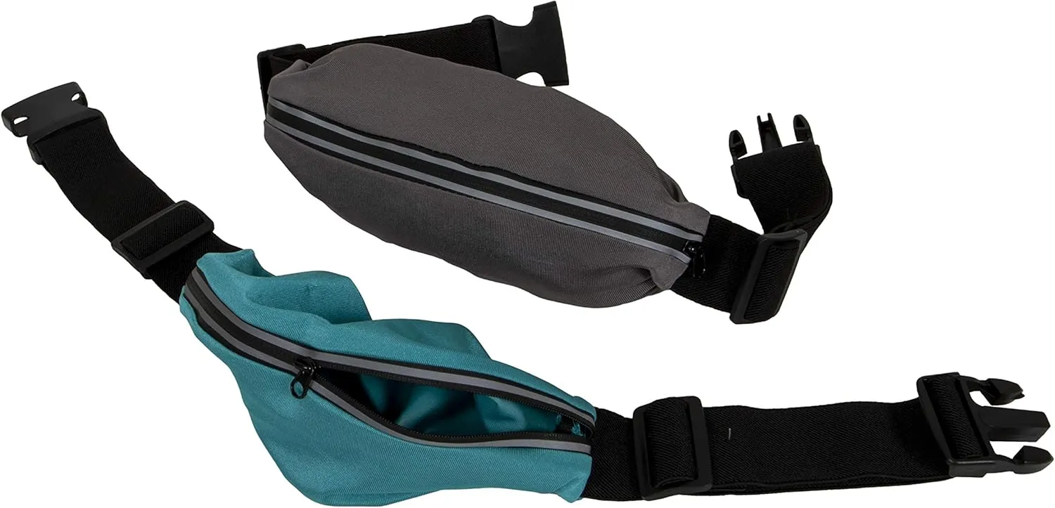 Stretchy Waist Pack, Adjustable No-Bounce Running Belt for Women and Men, Secure Extra Large Zipper Pocket, Moisture-Wicking Neoprene, Teal and Gray Fanny Bags, 2 Pack