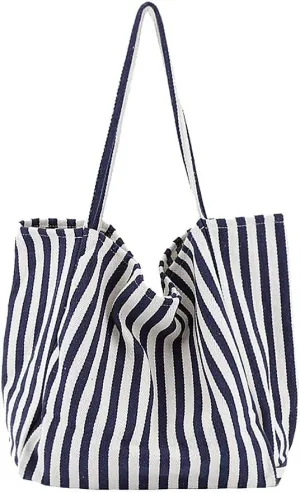 Striped Canvas Tote Handbag for Women Vertical Stripe Large Capacity Shoulder Bag for Shopping Travel
