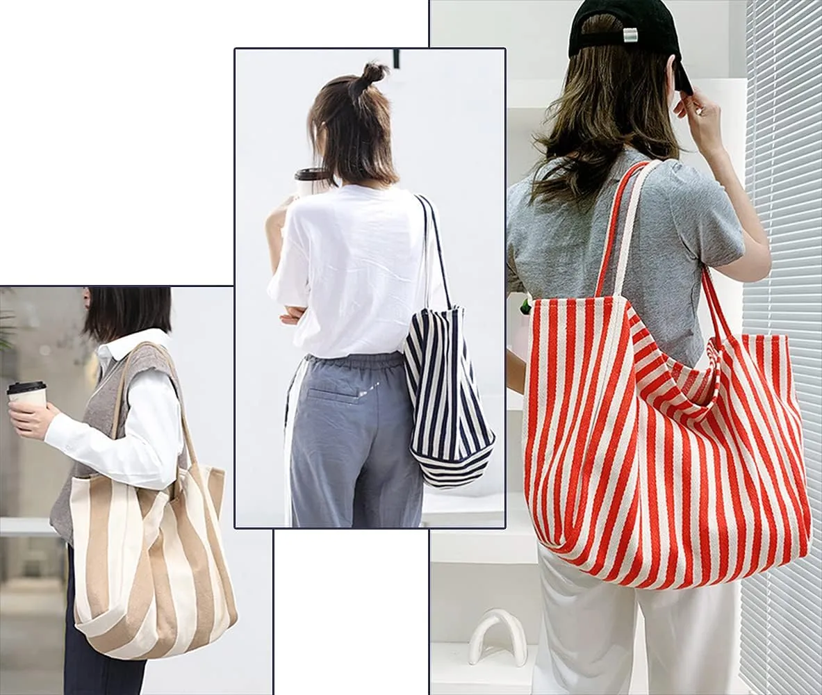 Striped Canvas Tote Handbag for Women Vertical Stripe Large Capacity Shoulder Bag for Shopping Travel