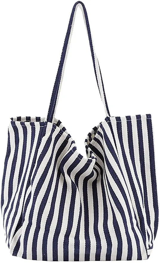 Striped Canvas Tote Handbag for Women Vertical Stripe Large Capacity Shoulder Bag for Shopping Travel