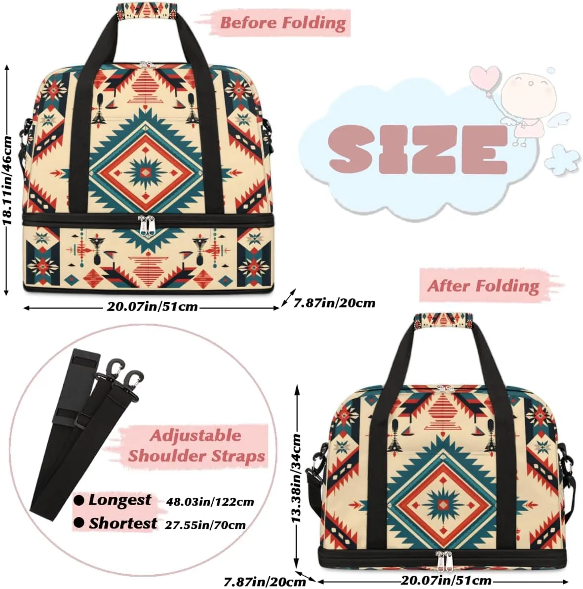 Striped Retro Pattern Foldable Duffle Bag with Shoes Compartment Large Capacity Waterproof Travel Weekender Bag Overnight Bag for Sports Gym