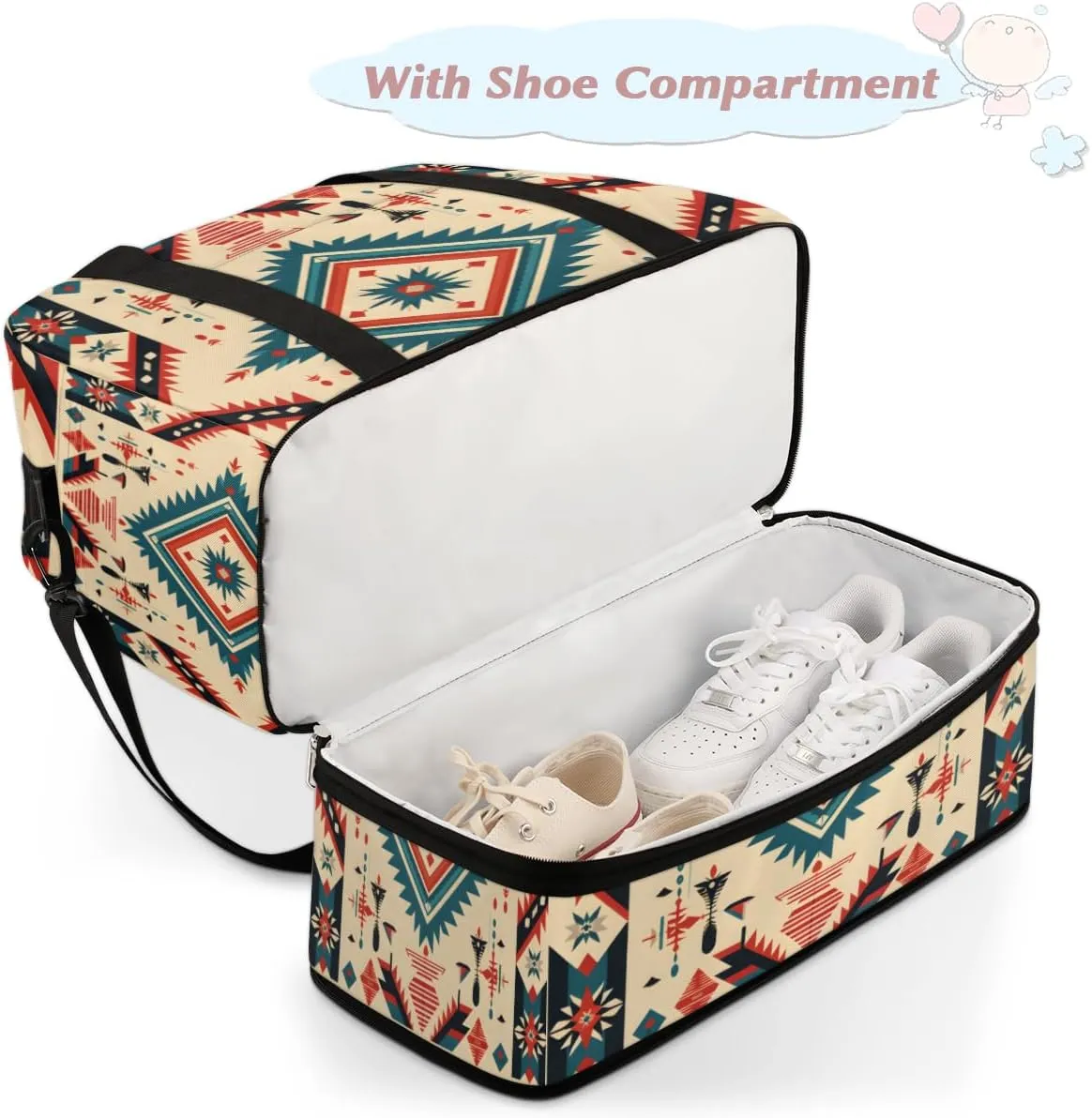 Striped Retro Pattern Foldable Duffle Bag with Shoes Compartment Large Capacity Waterproof Travel Weekender Bag Overnight Bag for Sports Gym