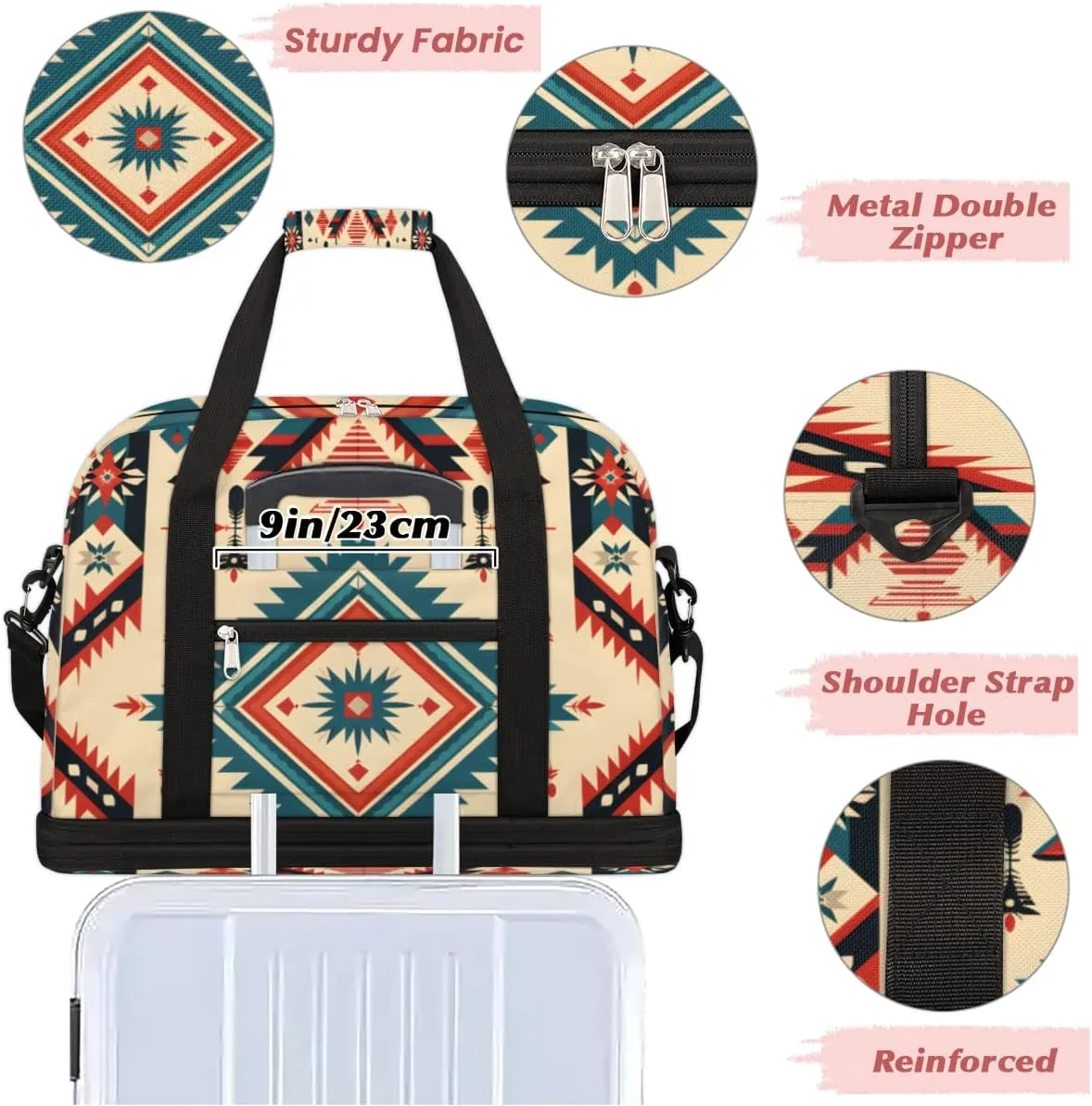 Striped Retro Pattern Foldable Duffle Bag with Shoes Compartment Large Capacity Waterproof Travel Weekender Bag Overnight Bag for Sports Gym