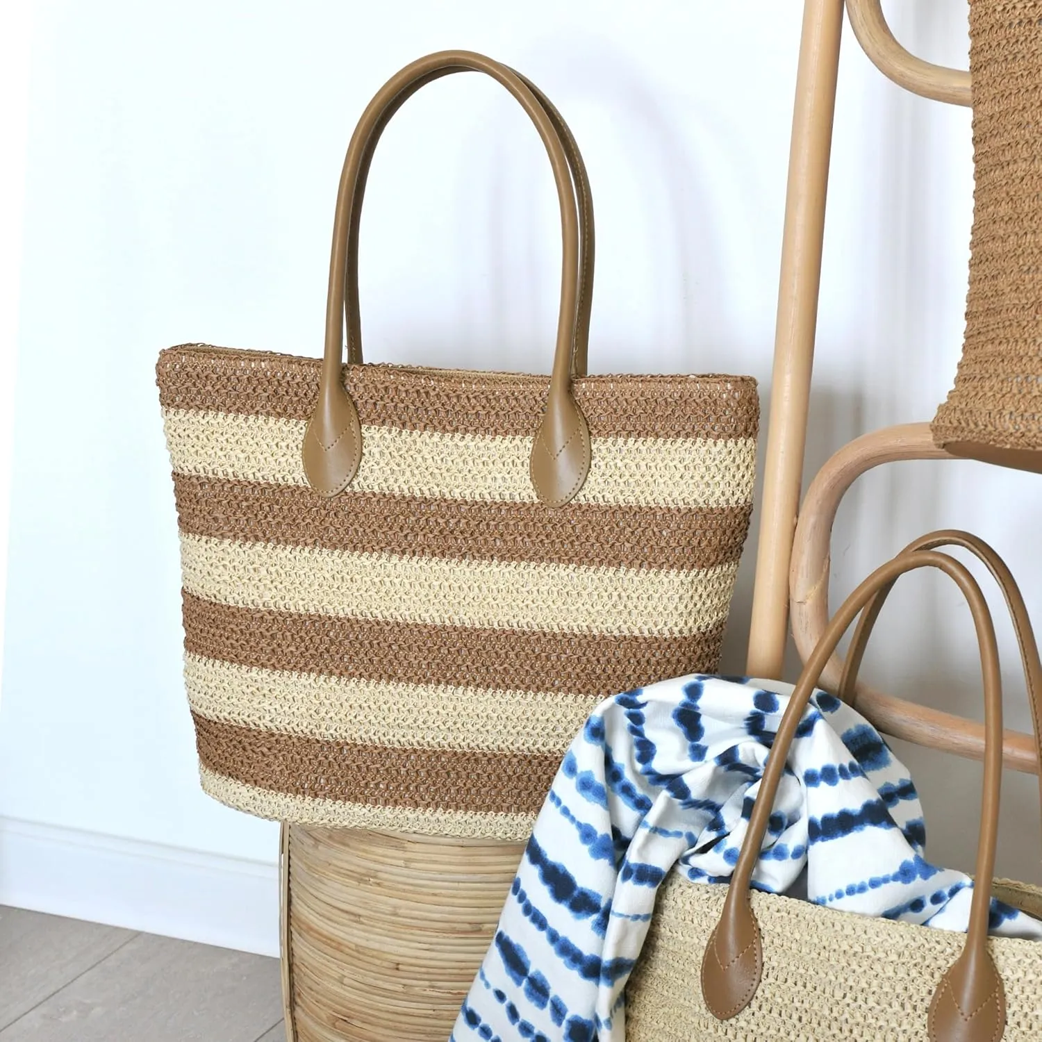 Striped Synthetic Straw Women's Tote Light Weight Vaction Shoulder Handbag