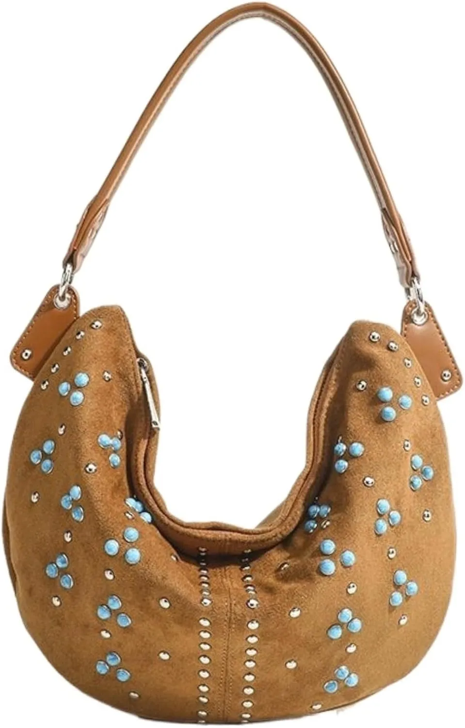 Suede Bag Studded Purses Brown Suede Handbag Crescent Boho Small Shoulder Purse Y2k Aesthetics