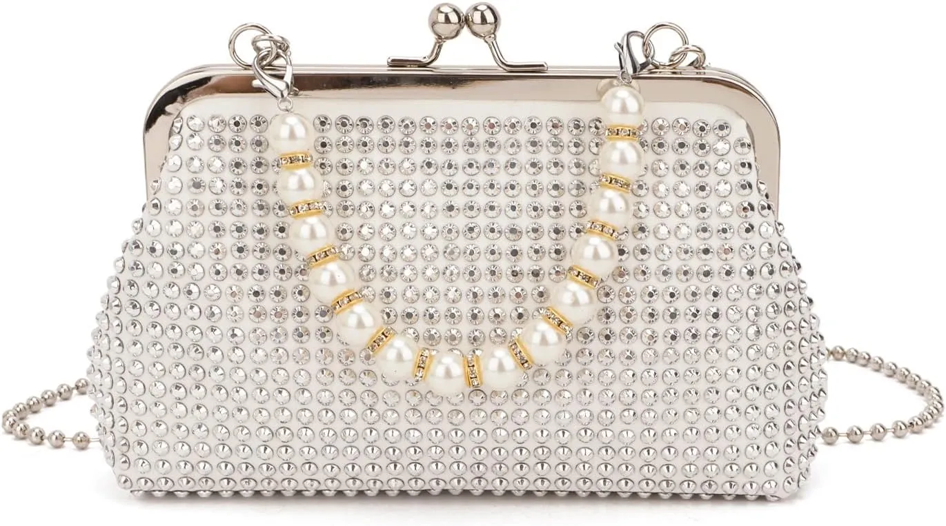 SUKUTU Women Luxury Full Rhinestone Shoulder Bag Noble Kiss Lock Crystal Messenger Bag Clutch Handbag with Pearl Beaded Chain