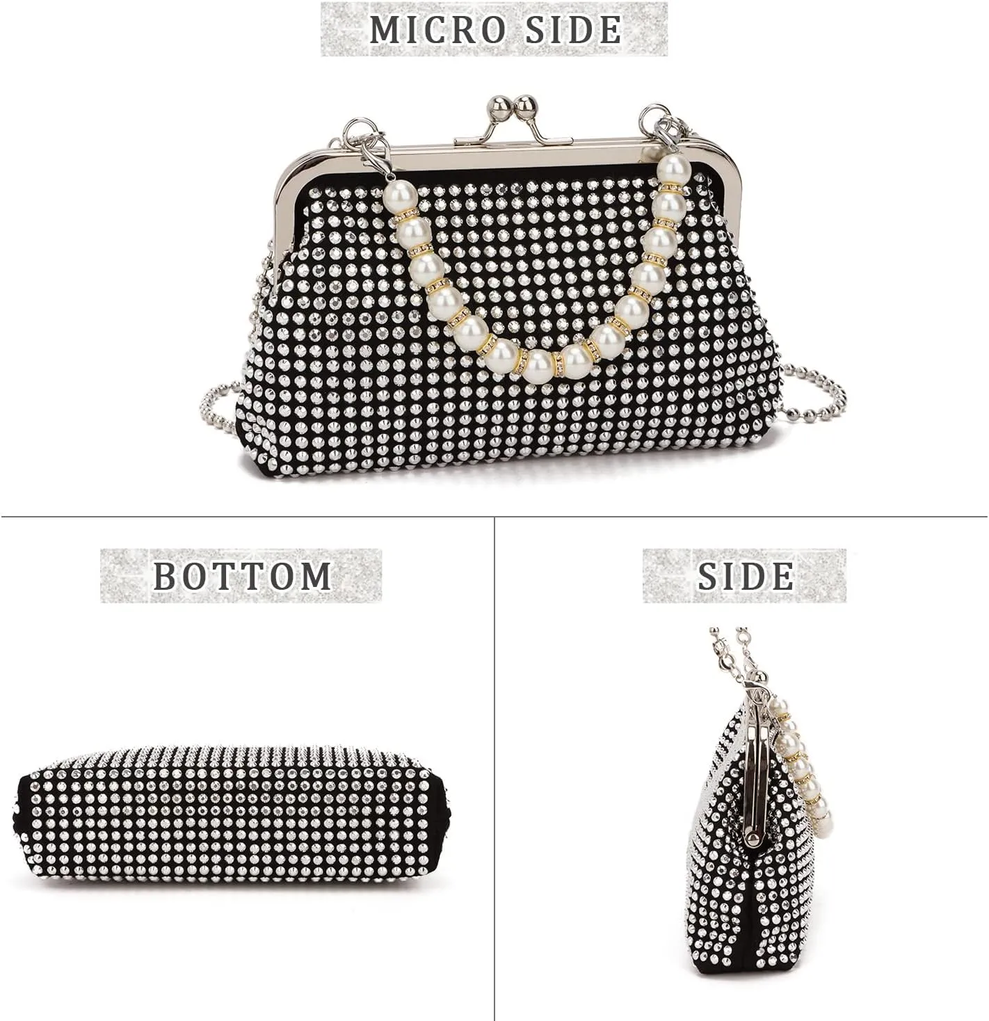 SUKUTU Women Luxury Full Rhinestone Shoulder Bag Noble Kiss Lock Crystal Messenger Bag Clutch Handbag with Pearl Beaded Chain
