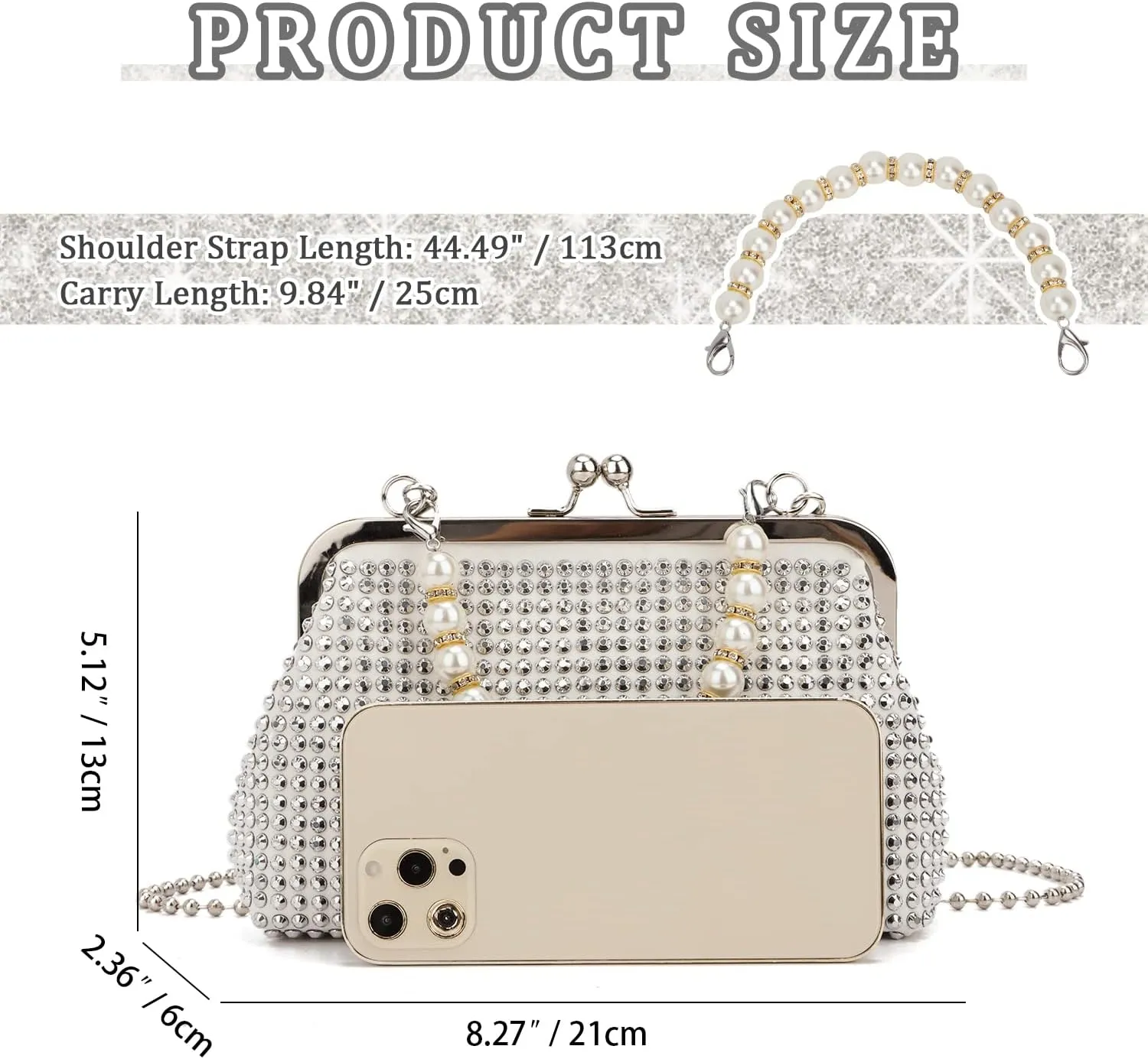 SUKUTU Women Luxury Full Rhinestone Shoulder Bag Noble Kiss Lock Crystal Messenger Bag Clutch Handbag with Pearl Beaded Chain