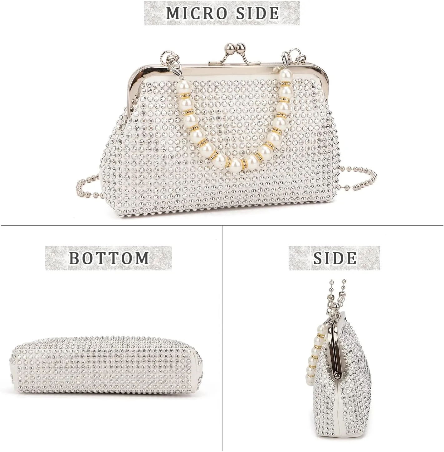 SUKUTU Women Luxury Full Rhinestone Shoulder Bag Noble Kiss Lock Crystal Messenger Bag Clutch Handbag with Pearl Beaded Chain