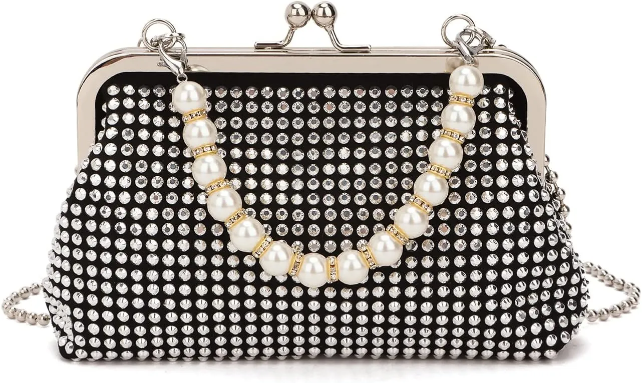 SUKUTU Women Luxury Full Rhinestone Shoulder Bag Noble Kiss Lock Crystal Messenger Bag Clutch Handbag with Pearl Beaded Chain