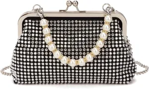 SUKUTU Women Luxury Full Rhinestone Shoulder Bag Noble Kiss Lock Crystal Messenger Bag Clutch Handbag with Pearl Beaded Chain
