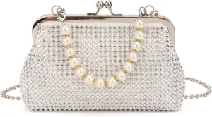 SUKUTU Women Luxury Full Rhinestone Shoulder Bag Noble Kiss Lock Crystal Messenger Bag Clutch Handbag with Pearl Beaded Chain