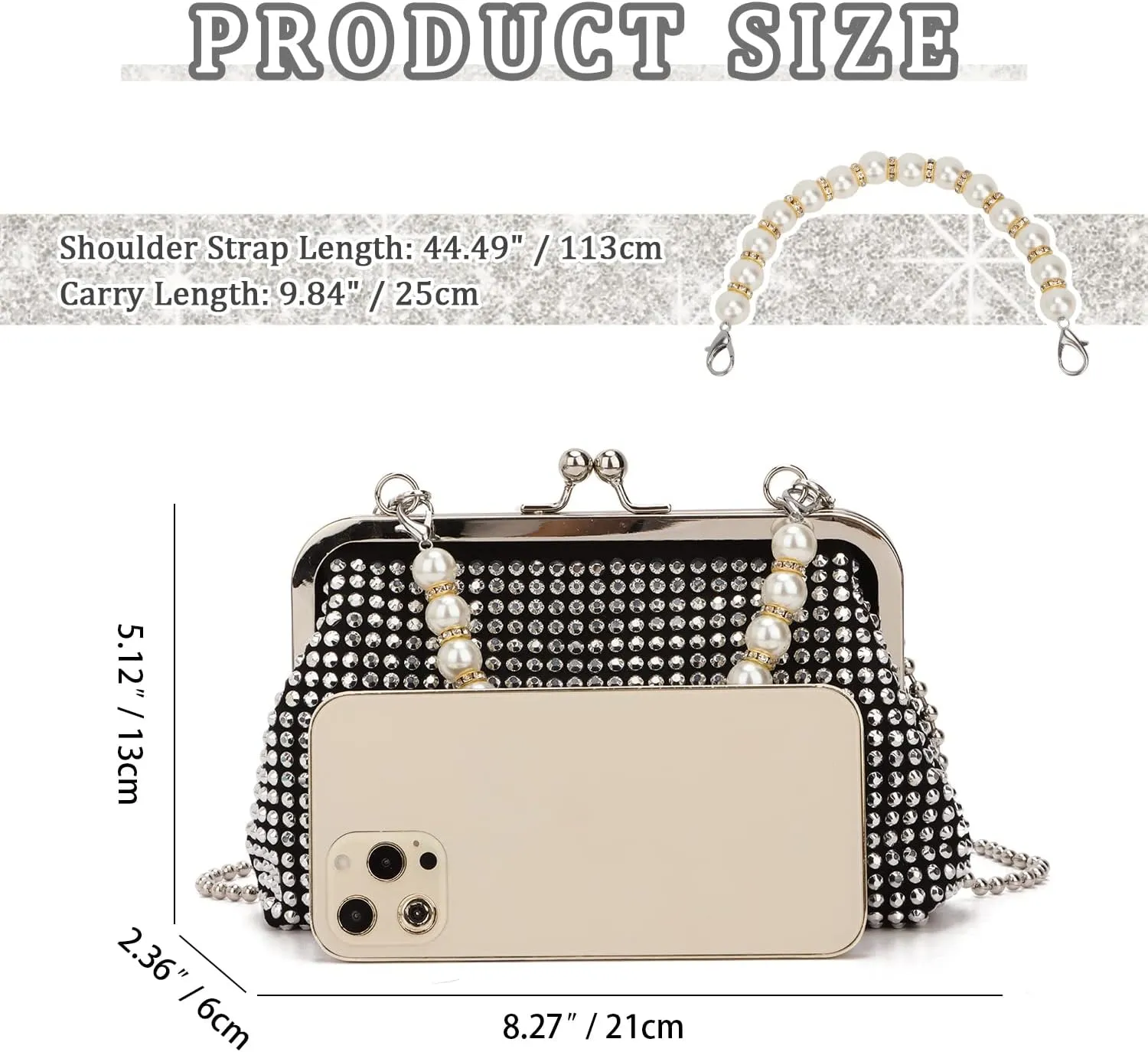 SUKUTU Women Luxury Full Rhinestone Shoulder Bag Noble Kiss Lock Crystal Messenger Bag Clutch Handbag with Pearl Beaded Chain