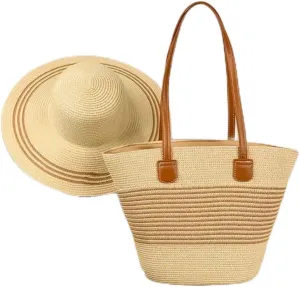 Summer Beach Straw Hat and Tote Bag Set, Casual Style with Leather Handles, Brown