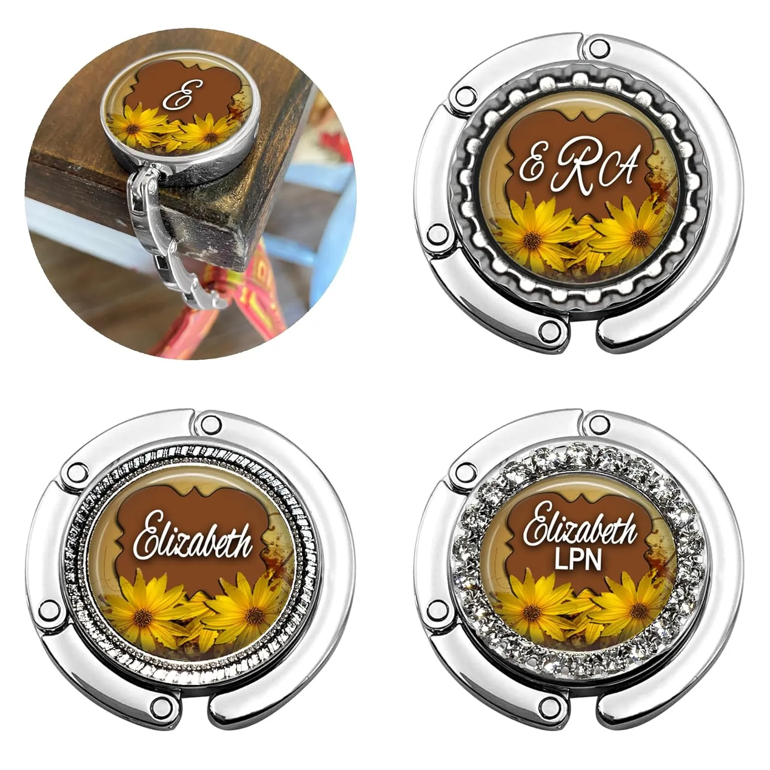 Sunflower Purse Hook - Custom Bag Hanger Personalized with Name, Monogram, Occupation Title - Bridesmaid Wedding Favor Gift