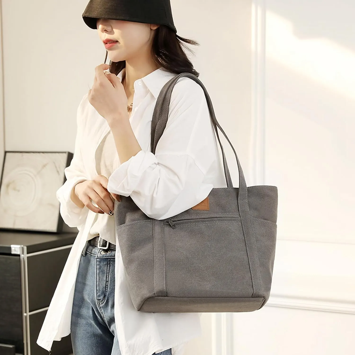 Sunshinejing Women's Large Canvas Shoulder Bag Retro Multi-pocket Handbags Work Tote Purses