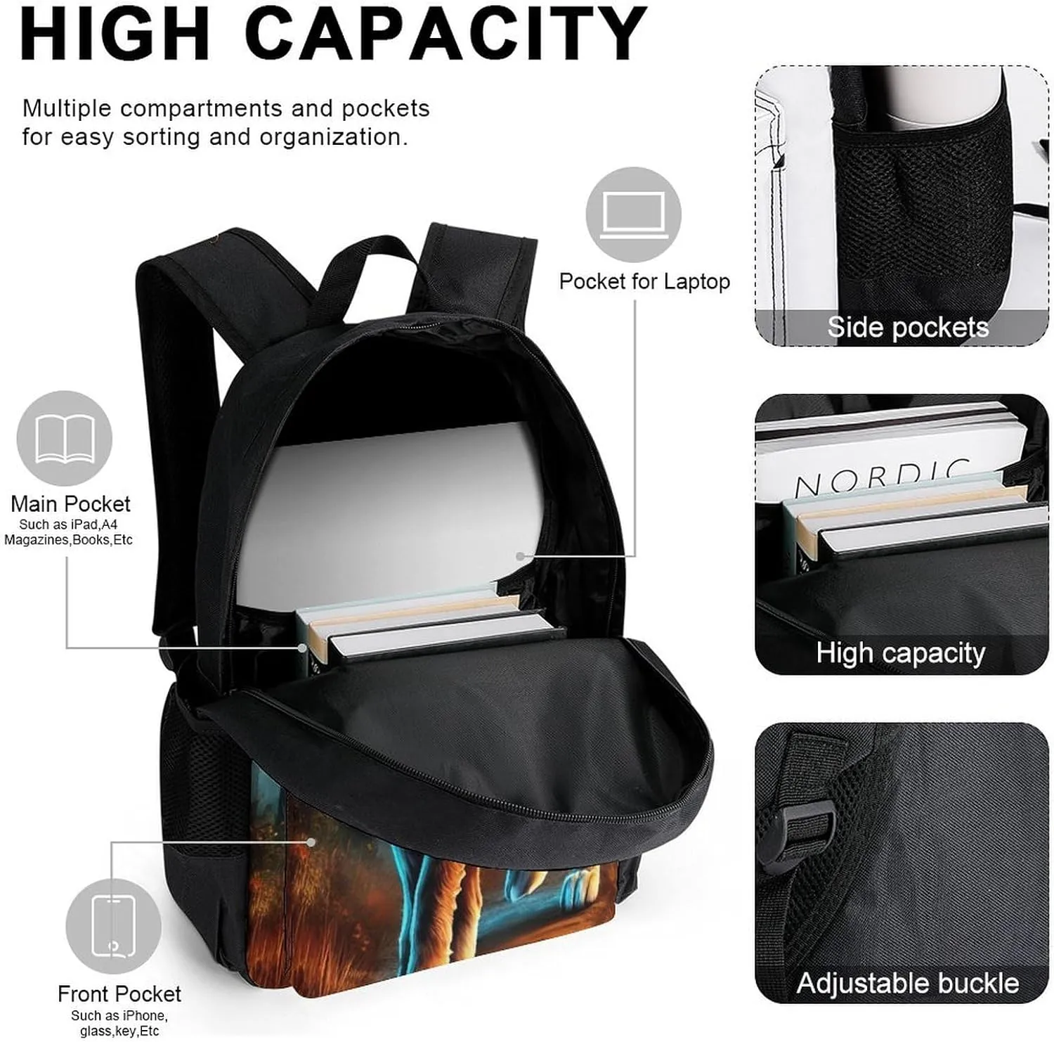 Supdreamc Adults Daypack - Wolf Glare Art Shoulder Bag 3 Piece College Travel Hiking & Camping Rucksack, 3 Piece Daypack Business Bag