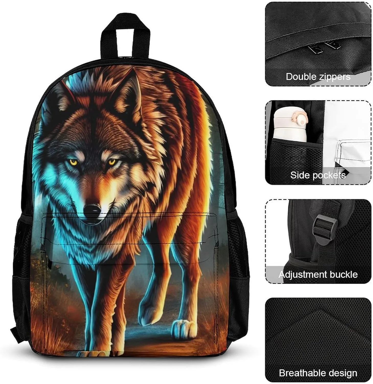 Supdreamc Adults Daypack - Wolf Glare Art Shoulder Bag 3 Piece College Travel Hiking & Camping Rucksack, 3 Piece Daypack Business Bag