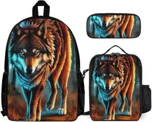Supdreamc Adults Daypack - Wolf Glare Art Shoulder Bag 3 Piece College Travel Hiking & Camping Rucksack, 3 Piece Daypack Business Bag