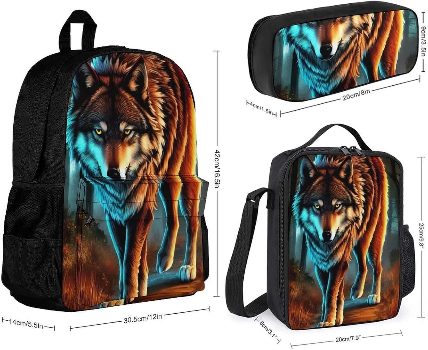 Supdreamc Adults Daypack - Wolf Glare Art Shoulder Bag 3 Piece College Travel Hiking & Camping Rucksack, 3 Piece Daypack Business Bag
