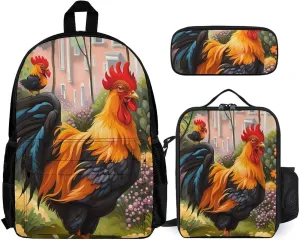 Supdreamc Backpack Sets 3 piece bag Mens Chicken Rooster Garden Flowers Painting Book Bag   Lunch Bag   Pencil Case Cute Rucksack College Work Gym Carry On Bag, One Size