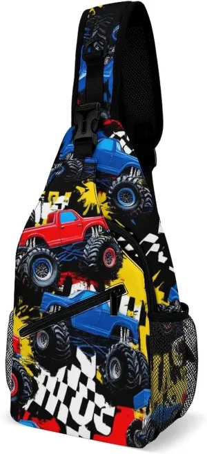 Supdreamc Men Sling Backpack Foldable Compact Chest Bag Rucksack - Monster Truck Car Anti-Theft Multipurpose Backpacking Bookbag With Adjustable Shoulder Strap