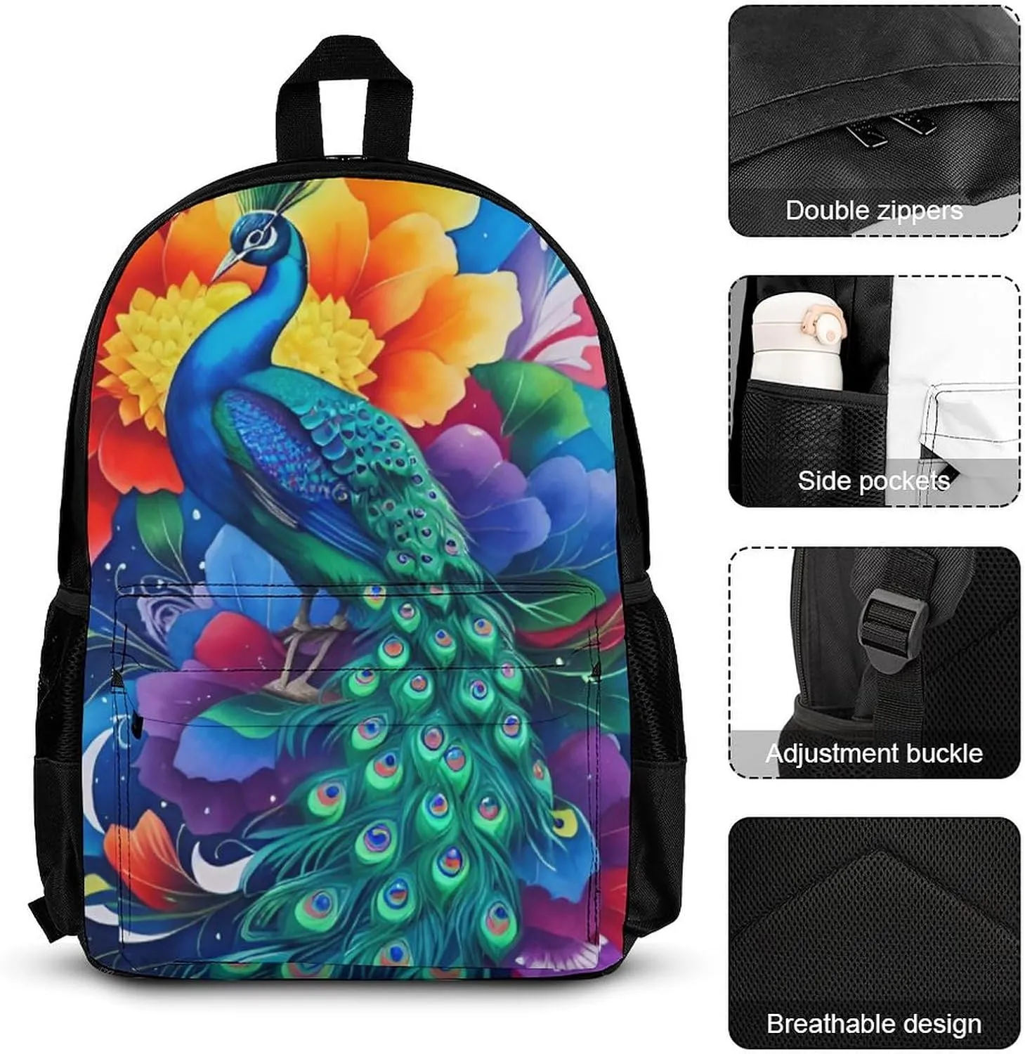 Supdreamc Travel Hiking Bag & Day Pack 3 Piece Daypack Sets Shoulder Bag Big Capacity Rucksack Beautiful Peacock Watercolor Art Daypack Backpack for Men and Women