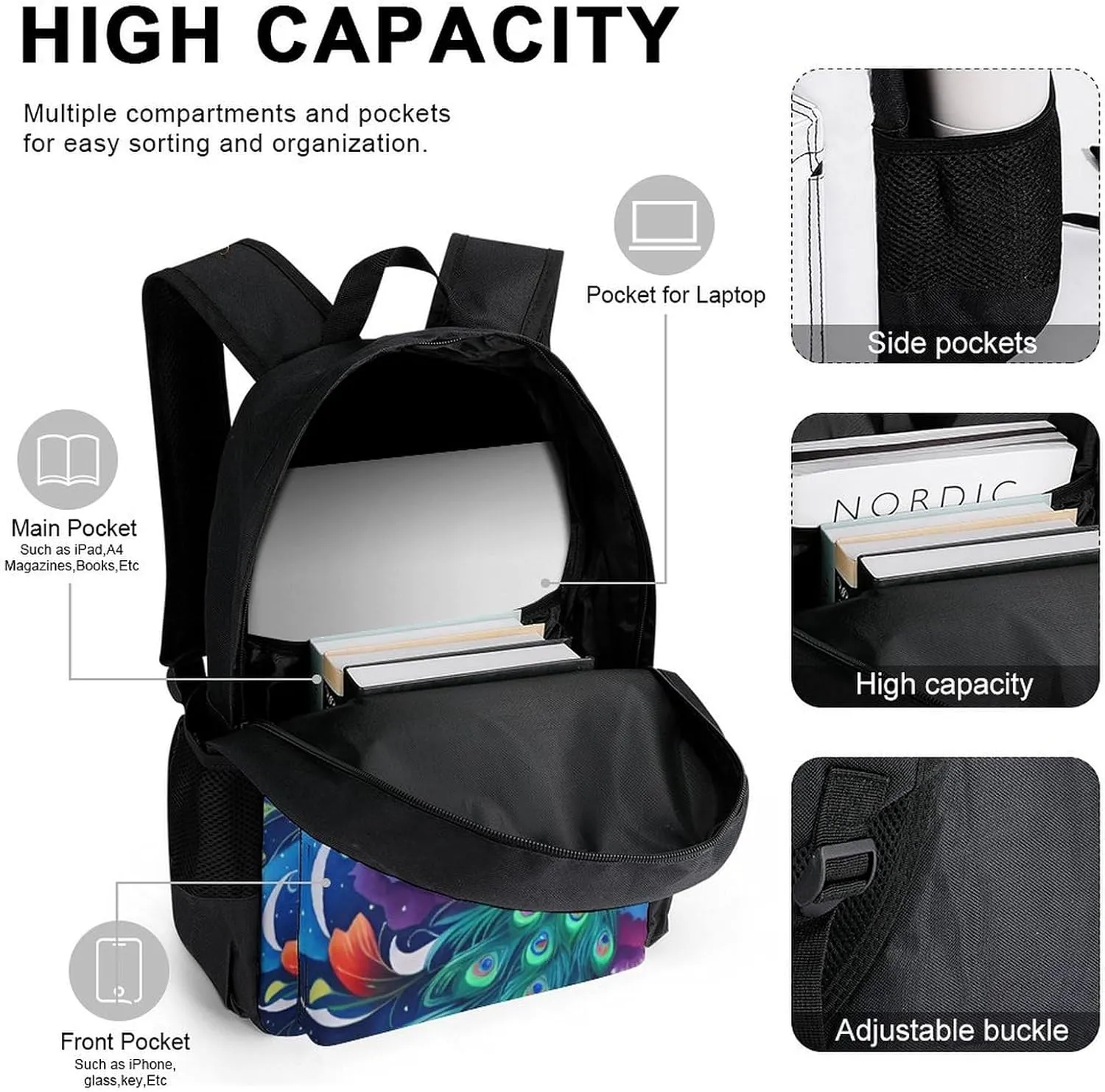Supdreamc Travel Hiking Bag & Day Pack 3 Piece Daypack Sets Shoulder Bag Big Capacity Rucksack Beautiful Peacock Watercolor Art Daypack Backpack for Men and Women