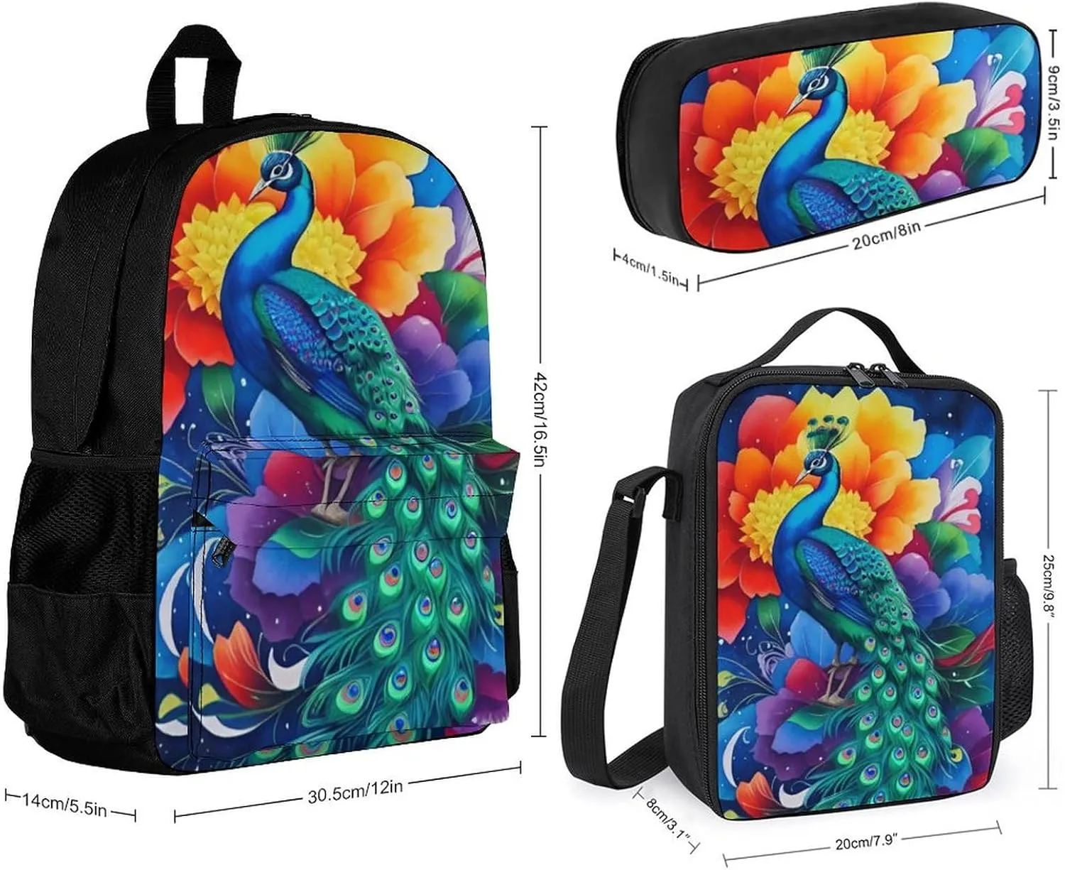 Supdreamc Travel Hiking Bag & Day Pack 3 Piece Daypack Sets Shoulder Bag Big Capacity Rucksack Beautiful Peacock Watercolor Art Daypack Backpack for Men and Women