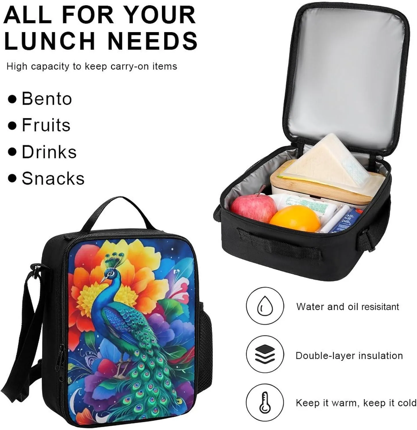Supdreamc Travel Hiking Bag & Day Pack 3 Piece Daypack Sets Shoulder Bag Big Capacity Rucksack Beautiful Peacock Watercolor Art Daypack Backpack for Men and Women