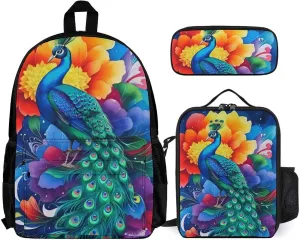 Supdreamc Travel Hiking Bag & Day Pack 3 Piece Daypack Sets Shoulder Bag Big Capacity Rucksack Beautiful Peacock Watercolor Art Daypack Backpack for Men and Women