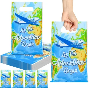 Supervitae 100 Pcs Adventure Tour Party Favors Bags Bulk 8 x 11.8 Inch Plastic Candy Cookies Treat Goody Bags with Handles for Birthday Theme Party Gift Decoration Favor Supplies