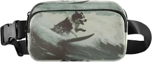 Surfing Dog Fanny Pack for Women Men，Crossbody Sling Bags Water Resistant Waist Bag with Adjustable Belt for Running Hiking Traveling