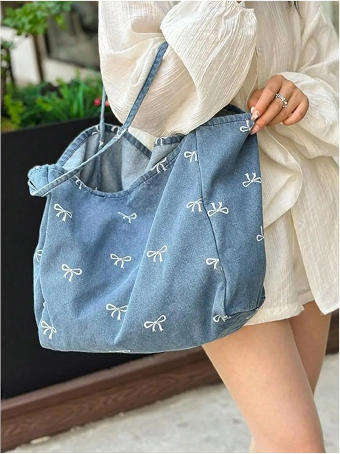 SweatyRocks Women's Bow Graphic Denim Tote Bag Top Handle Cute Shoulder Handbags