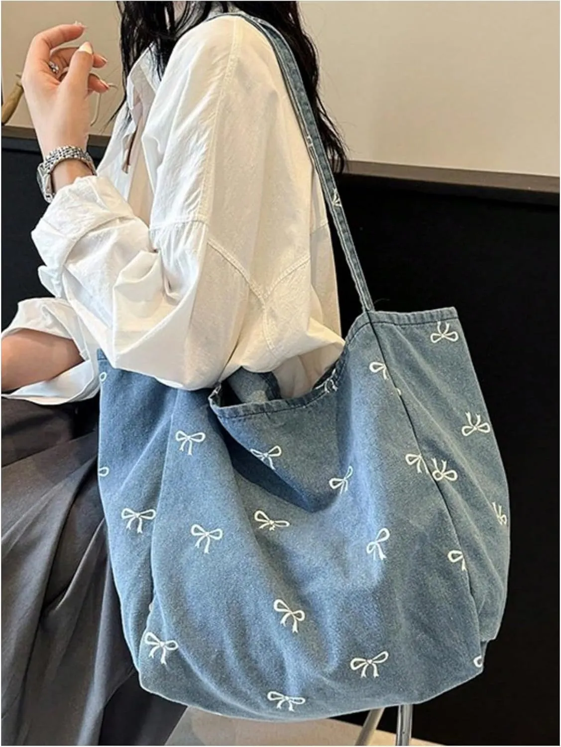 SweatyRocks Women's Bow Graphic Denim Tote Bag Top Handle Cute Shoulder Handbags