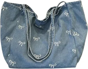 SweatyRocks Women's Bow Graphic Denim Tote Bag Top Handle Cute Shoulder Handbags