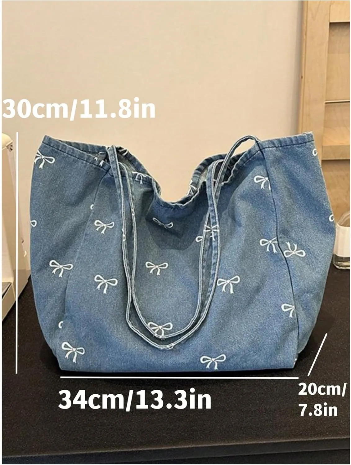 SweatyRocks Women's Bow Graphic Denim Tote Bag Top Handle Cute Shoulder Handbags