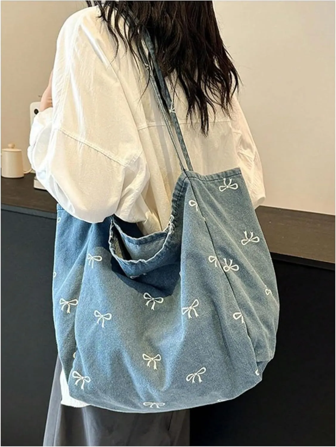 SweatyRocks Women's Bow Graphic Denim Tote Bag Top Handle Cute Shoulder Handbags